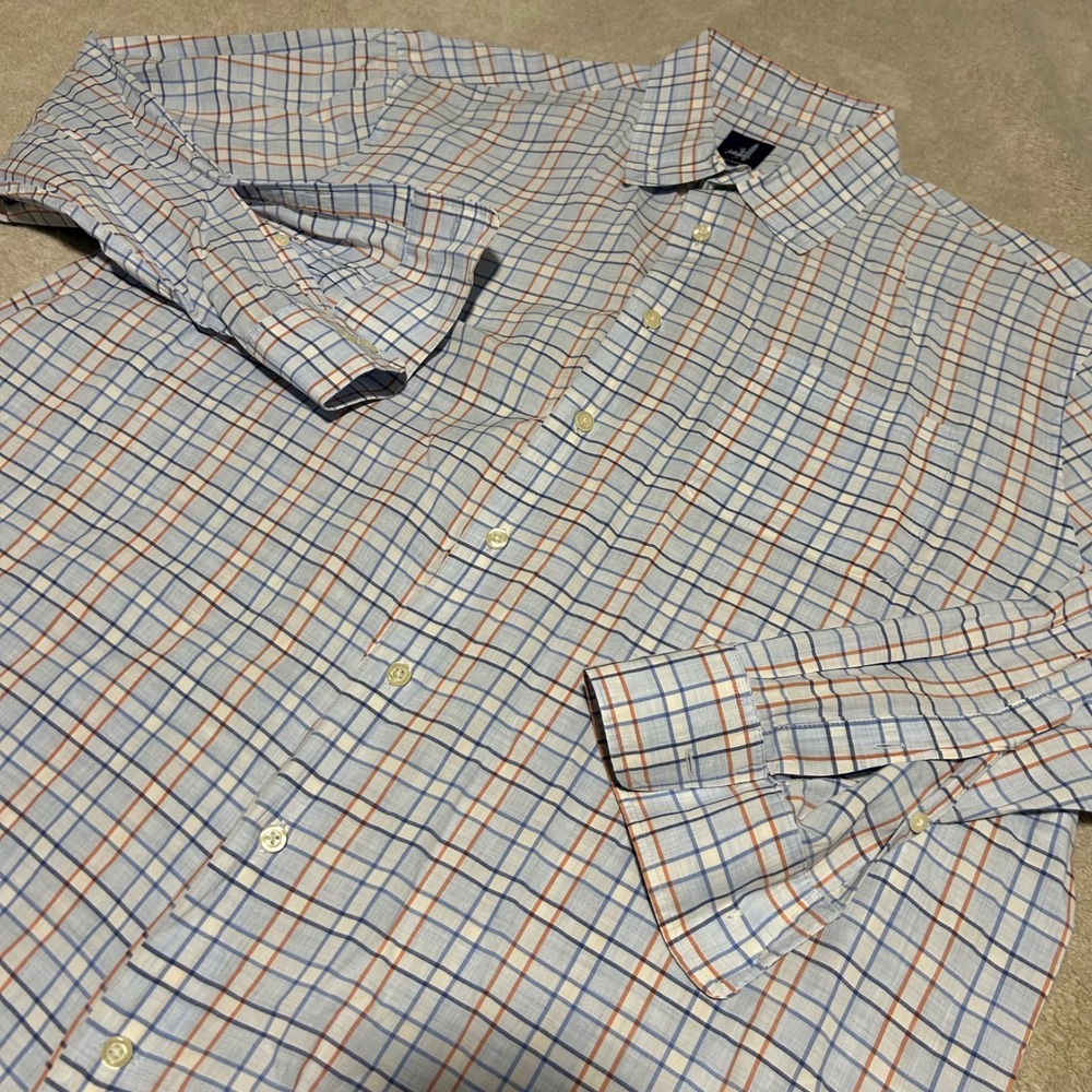 johnnie-O Button Down Shirt Mens XL Blue Orange Plaid Long Sleeve Bambo